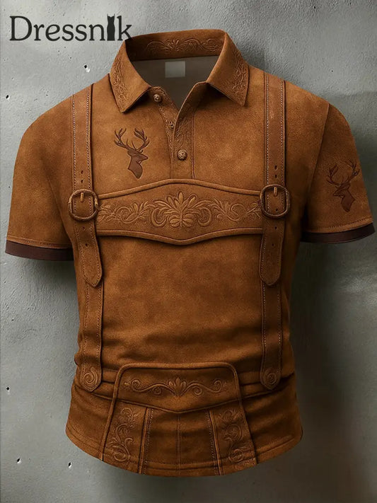 Oktoberfest Hirschhosen Künstlerisch bedrucktes athletisches Retro-Stil V-Ausschnitt Kurzarm Polo-Shirt A / S