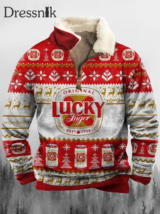 Original Lucky Beer München Bedruckt Revers Fluffy Kragen Reiß Verschluss Lässig Lose Sweatshirt