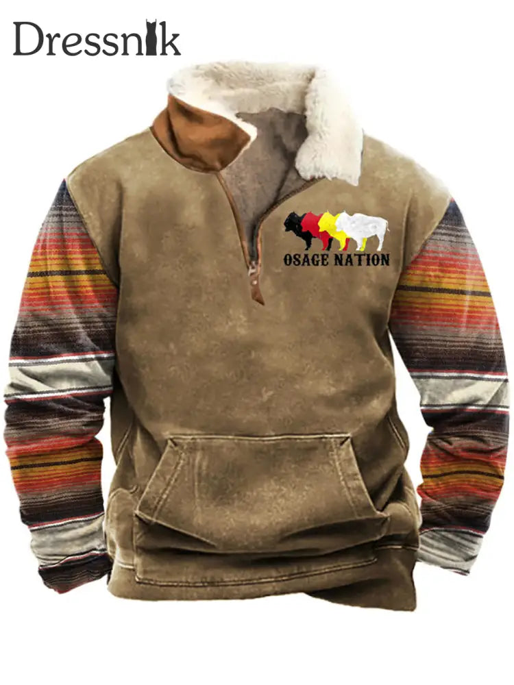 Osage Nation Bedruckte Revers Flauschiger Kragen Reiß Verschluss Tasche Lässig Lose Sweatshirt A / S