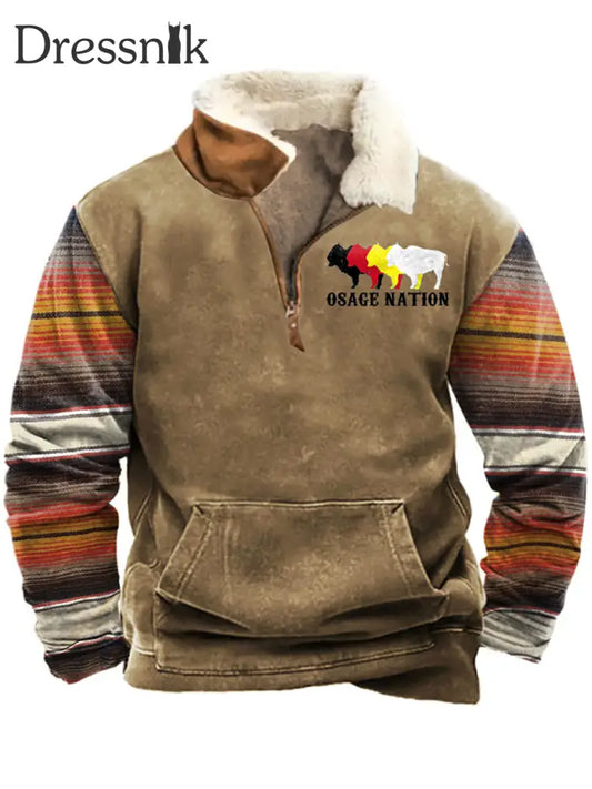 Osage Nation Bedruckte Revers Flauschiger Kragen Reiß Verschluss Tasche Lässig Lose Sweatshirt A / S