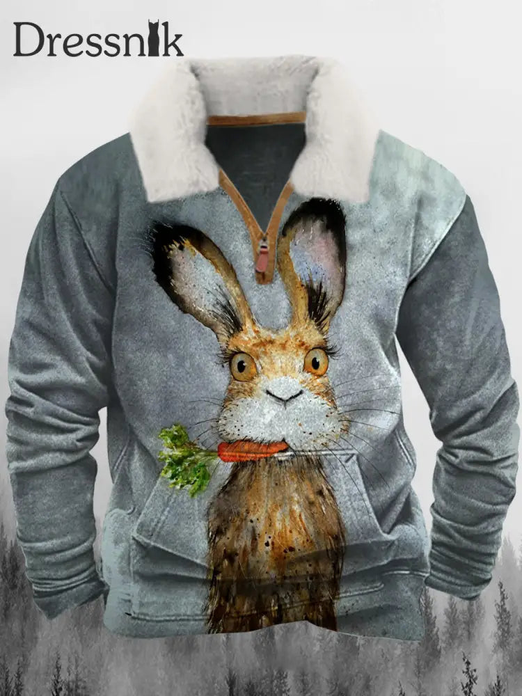 Osterhase Karotte Bedruckte Revers Flauschige Kragen Reiß Verschluss Lässig Lose Sweatshirt A / S