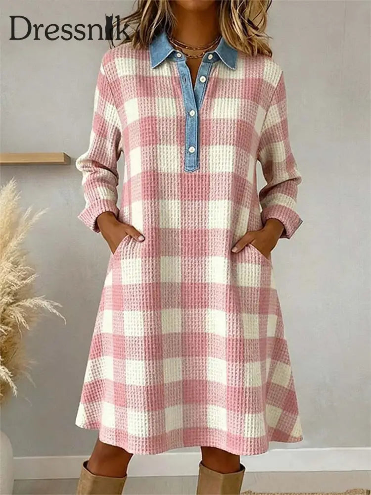 Patchwork-Kunst kleid mit rosa Plaid muster für Damen als bild / S