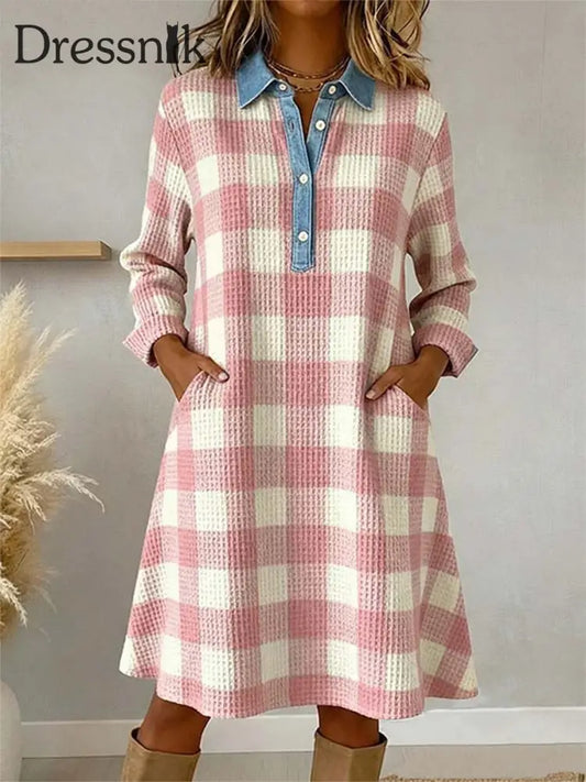 Patchwork-Kunst kleid mit rosa Plaid muster für Damen als bild / S