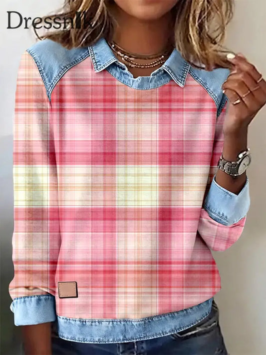 Patchwork-Kunst-Sweatshirt mit rosa Karo muster für Damen als bild / S