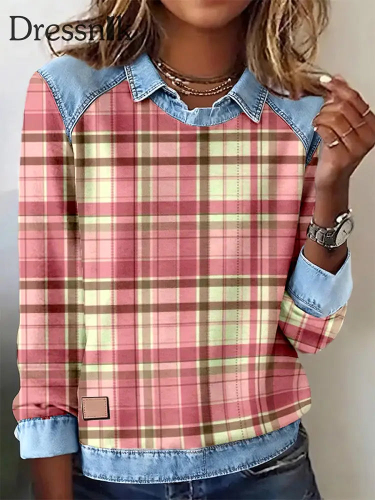 Patchwork-Kunst-Sweatshirt mit rosa Karo muster für Damen als bild / S
