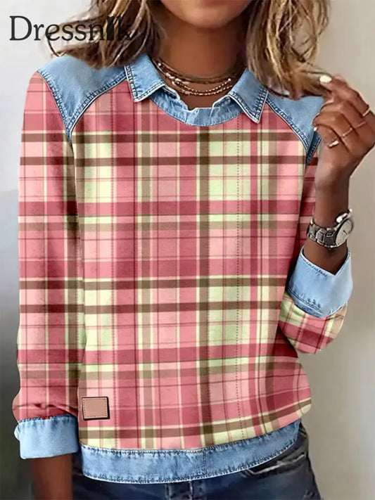 Patchwork-Kunst-Sweatshirt mit rosa Karo muster für Damen als bild / S