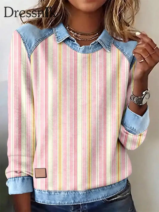 Patchwork-Kunst-Sweatshirt mit rosa Streifen muster für Damen als bild / S