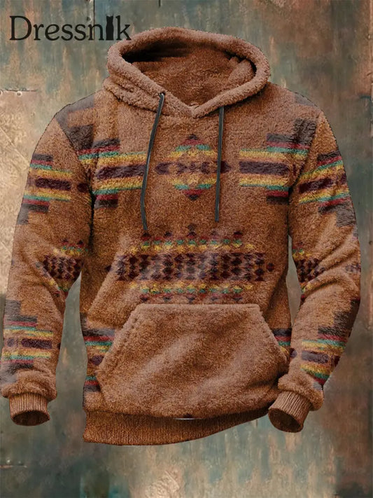 Plüsch-Kapuzen-Sweatshirt im westlichen Stil für Herren Braun / S