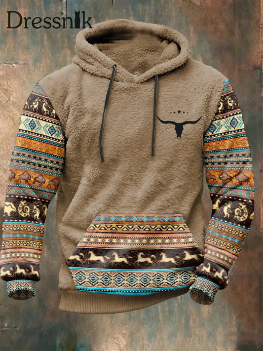 Plüsch-Kapuzen-Sweatshirt im westlichen Stil für Herren Khaki / S