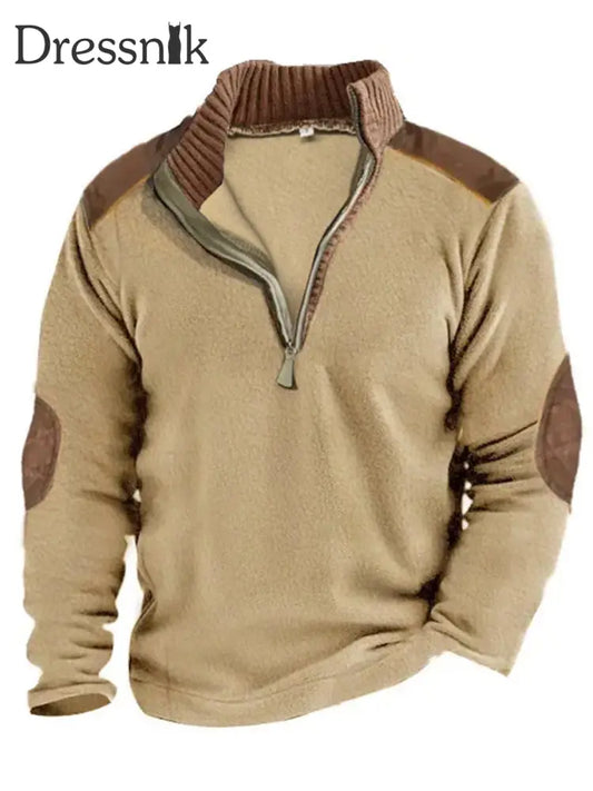 Polar Fleece V-Ausschnitt Reiß Verschluss Spleißen Freizeit Henley Langarm Sweatshirt Khaki / S