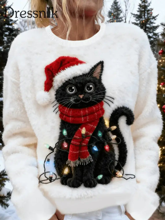 Pull en flanelle décontracté à imprimé d’art chat de Noël pour femmes Blanc / S