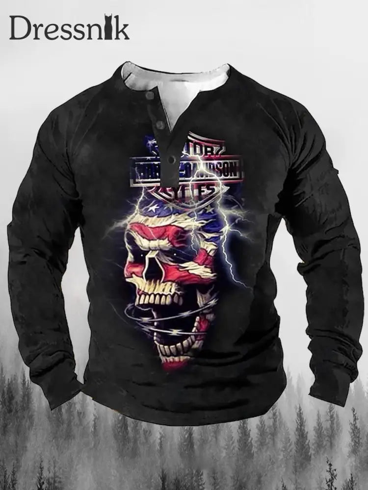 Punk Blitz Bedruckte V-Ausschnitt-Taste Freizeit Henley Langarm Sweatshirt A / S