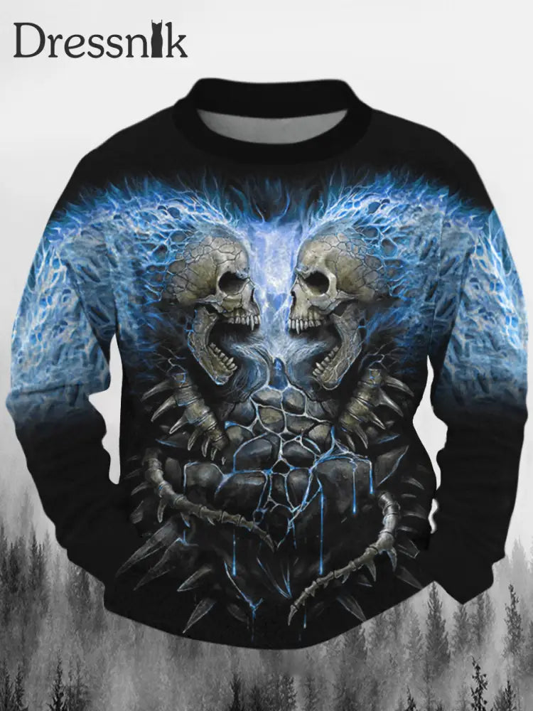 Punk Blue Lightning Skull Bedrucktes Rundhals-Sweatshirt Lässiges Langarm-Sweatshirt A / S