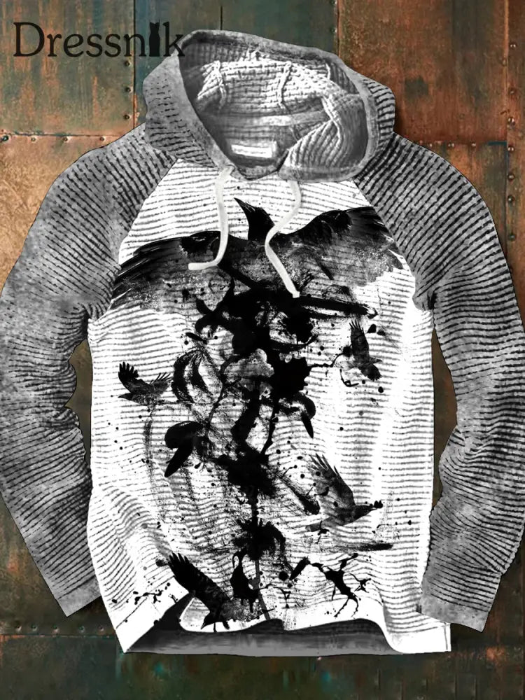 Punk Crow Graffiti Print Walf Checks Lässig Lange Ärmel Mit Kordel Zug Hoodie A / S