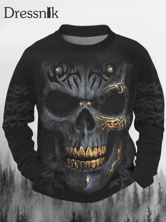 Punk Goldener Schädel Bedrucktes Rundhals-Rundhals-Sweatshirt Mit Langen Ärmeln A / S