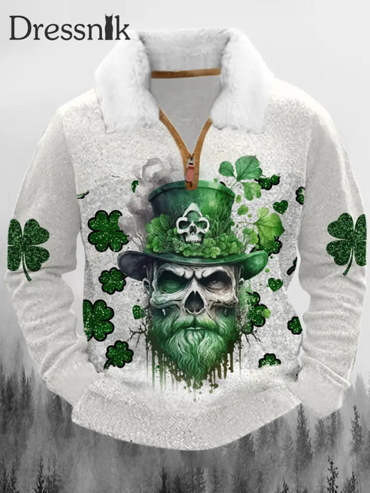 Punk Skull St. Pat’s Day Bedruckte Revers Flauschige Kragen Reiß Verschluss Lässig Lose