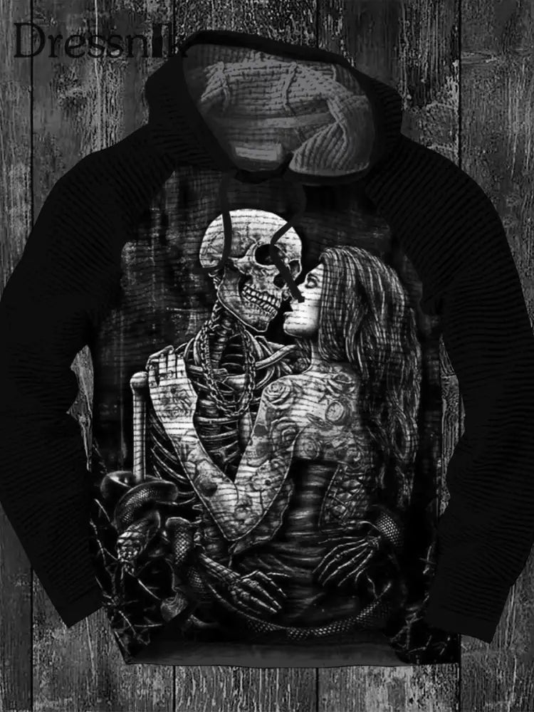 Punk Valentine Skelett Paar Bedruckte Walf Checks Kapuzen Kordel Zug Lose Sweatshirt A / S