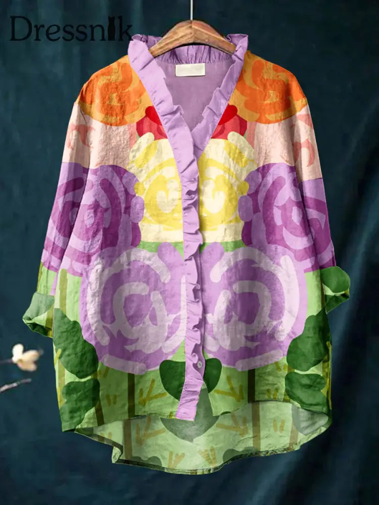 Retro Abstrakt Boho Blumen druck Lässige Rüsche V-Ausschnitt Langarm Baumwoll hemd A / S