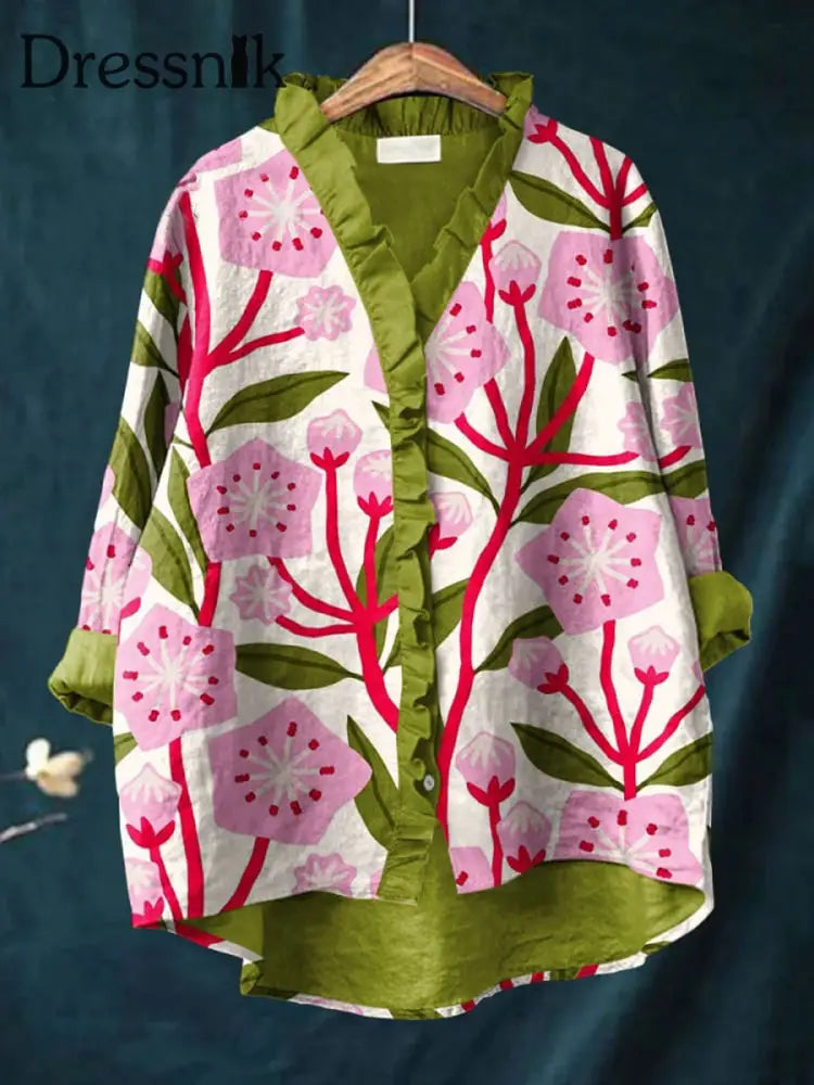 Retro Abstrakt Boho Blumen druck Lässige Rüsche V-Ausschnitt Langarm Baumwoll hemd A / S