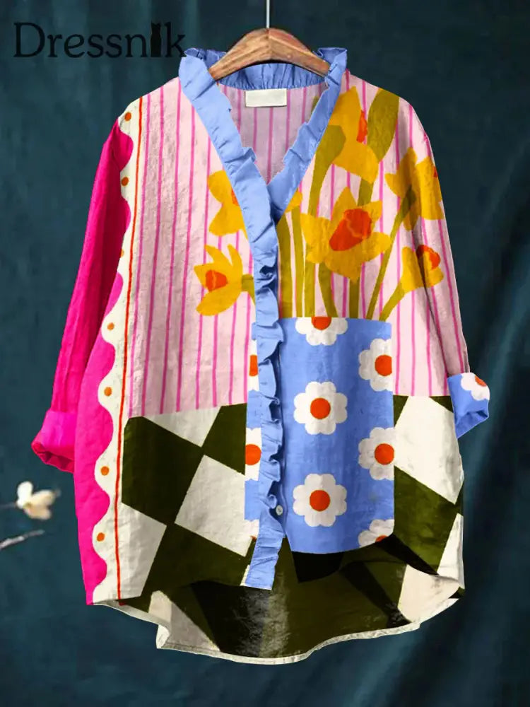 Retro Abstrakt Boho Blumen druck Lässige Rüsche V-Ausschnitt Langarm Baumwoll hemd A / S