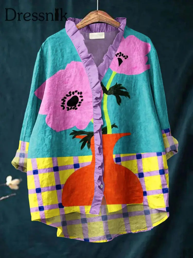 Retro Abstrakt Boho Blumen druck Lässige Rüsche V-Ausschnitt Langarm Baumwoll hemd A / S