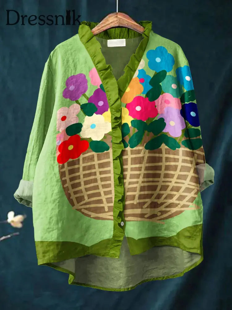 Retro Abstrakt Boho Blumen druck Lässige Rüsche V-Ausschnitt Langarm Baumwoll hemd A / S