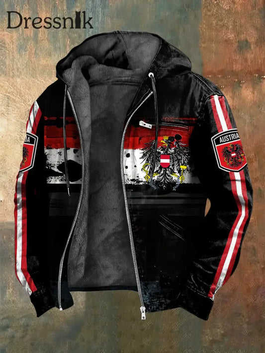 Retro Abstrakte Österreich ische Flagge Geometrische Fleece-Ausgekleidet Kapuzen jacke Schwarz / S