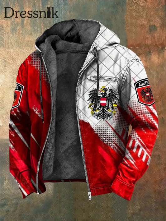 Retro Abstrakte Streifen Österreich isches Emblem Fleece-Ausgekleidet Kapuzen jacke Rot / S