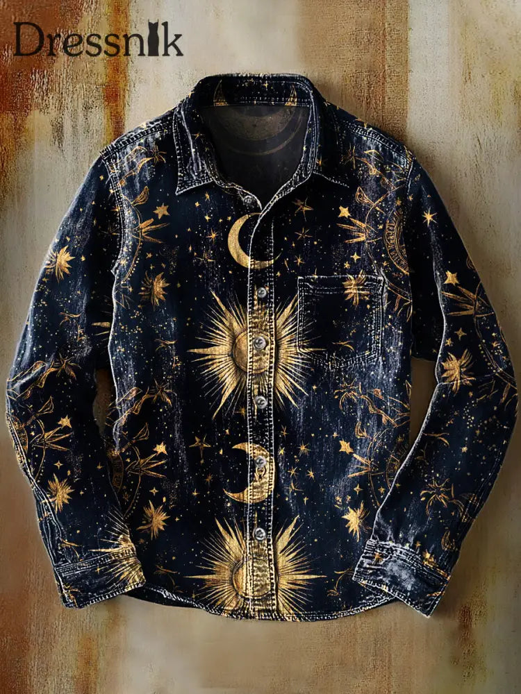 Retro Abstraktes Gradienten-Astrologie-Kunstdruck-lässiges Langarm-Hemd A / S