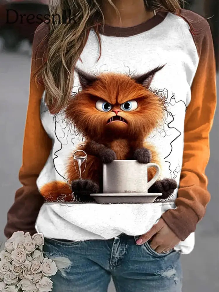 Retro Angry Cat Und Kaffee Print Modische Rundhals-Pullover Lang Ärmel Iges Oberteil