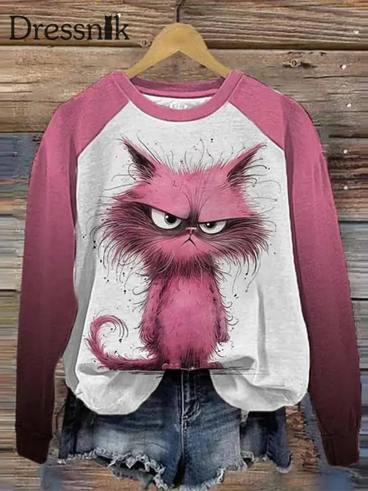 Retro Angry Plüsch Pink Cat Print Modische Rundhals-Langarm-Top