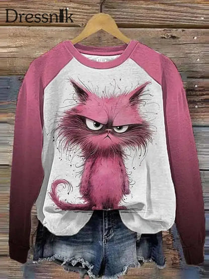 Retro Angry Plüsch Pink Cat Print Modische Rundhals-Langarm-Top A / S