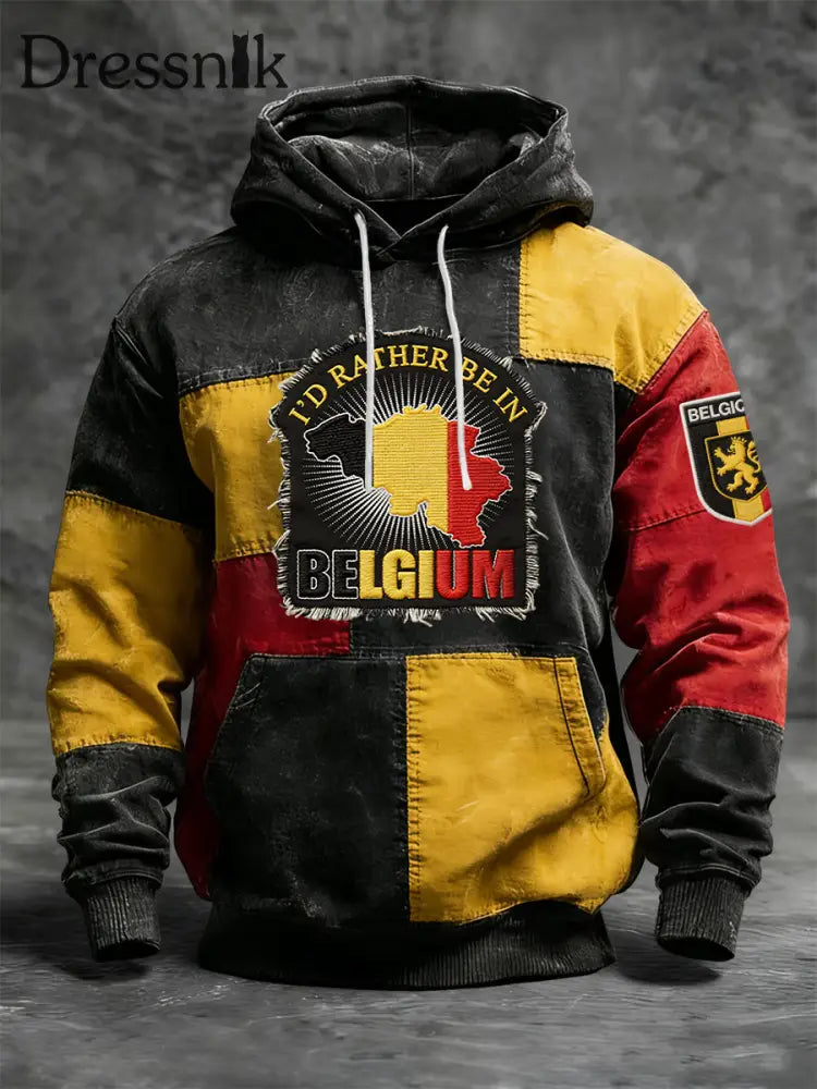 Retro belgische Flagge Karte Patchwork Casual Hoodie Schwarz / S