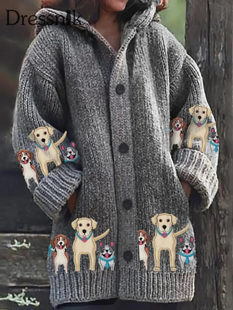 Retro Bestickter Hunde Druck Knopf Dick Lang Ärmelig Kapuzen Strickjacke A / S