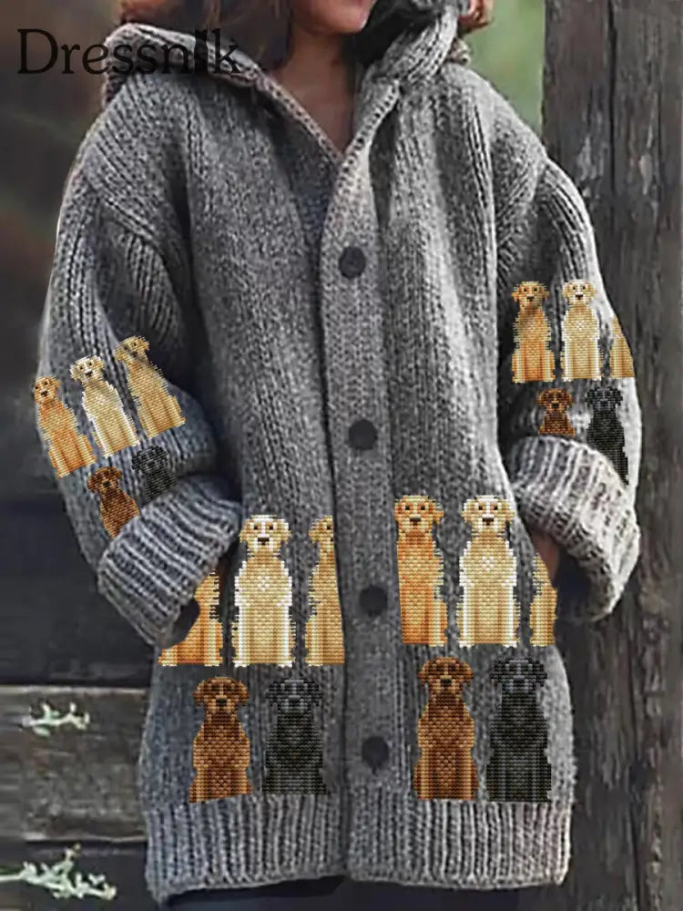 Retro Bestickter Hunde Druck Knopf Dick Lang Ärmelig Kapuzen Strickjacke A / S