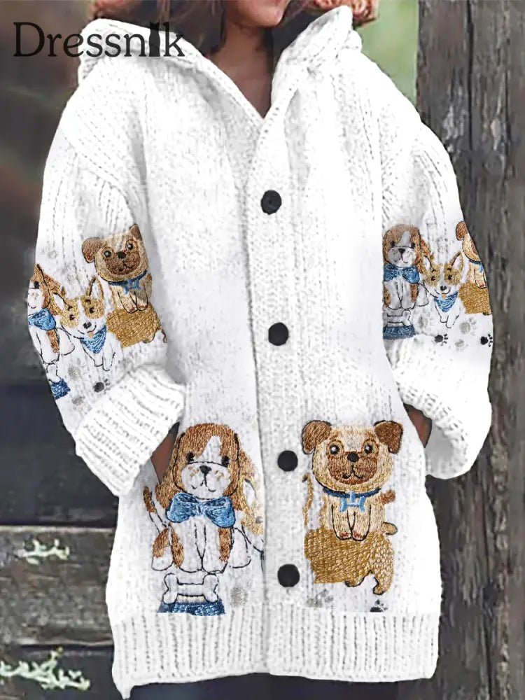 Retro Bestickter Hunde Druck Knopf Dick Lang Ärmelig Kapuzen Strickjacke A / S