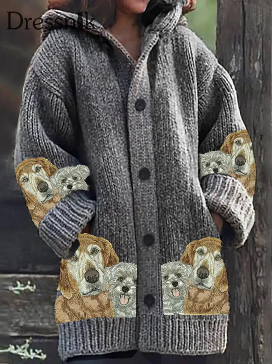 Retro Bestickter Hunde Druck Knopf Dick Lang Ärmelig Kapuzen Strickjacke A / S