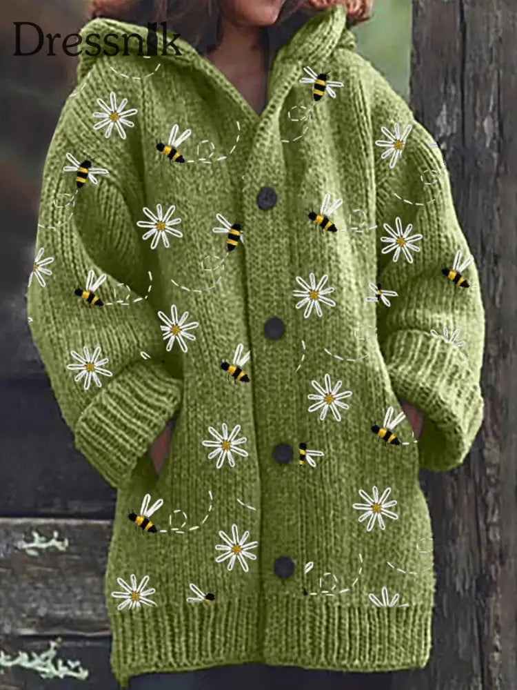 Retro-Biene-Strickjacke Mit Blumen Druck Knöpfen Dick Lang Ärmelig Kapuze A / S