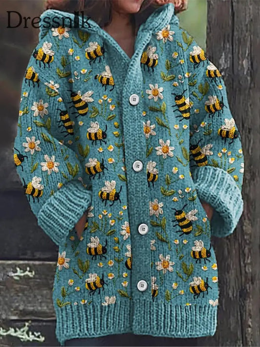 Retro-Biene-Strickjacke Mit Blumen Druck Knöpfen Dick Lang Ärmelig Kapuze A / S