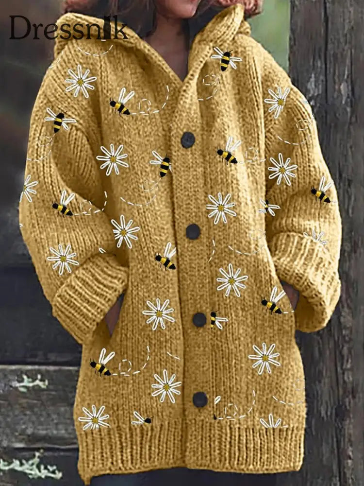 Retro-Biene-Strickjacke Mit Blumen Druck Knöpfen Dick Lang Ärmelig Kapuze B / S