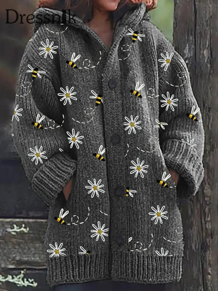 Retro-Biene-Strickjacke Mit Blumen Druck Knöpfen Dick Lang Ärmelig Kapuze C / S