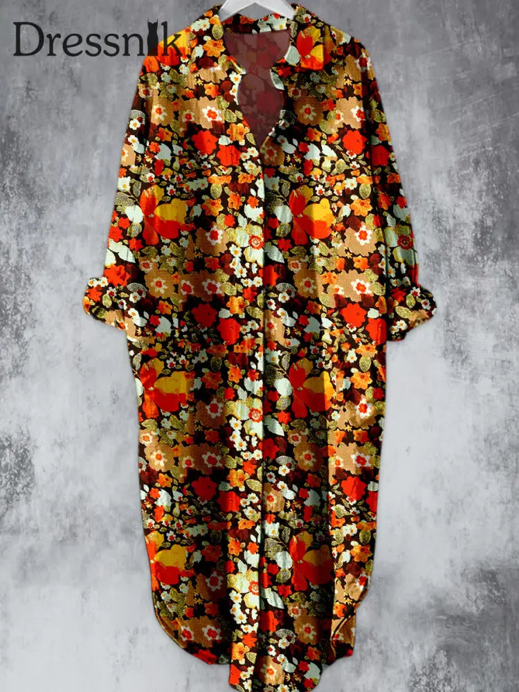 Retro-Blumen Kunst Bedrucktes Elegantes Vintage-Revers Lose Langarm-Midi-Shirt-Kleid A / S