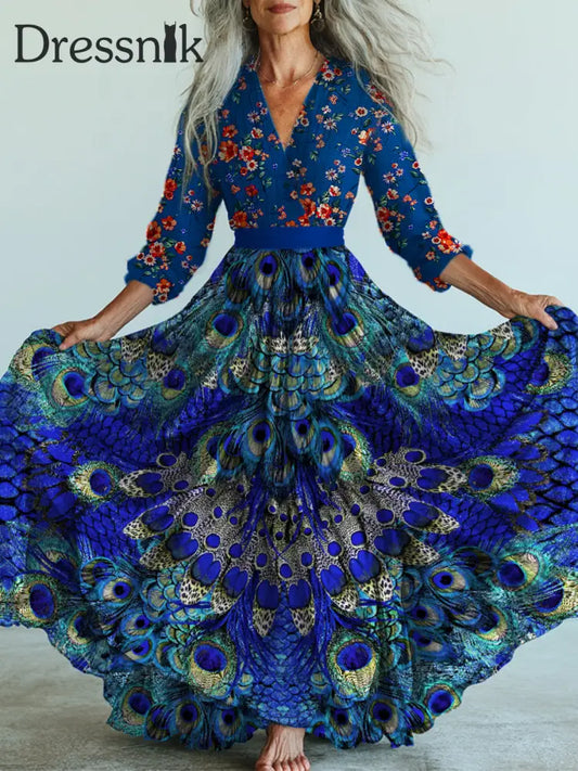 Retro-Blumen kunst bedrucktes Vintage-Midi kleid mit V-Ausschnitt und langen Ärmeln A / S