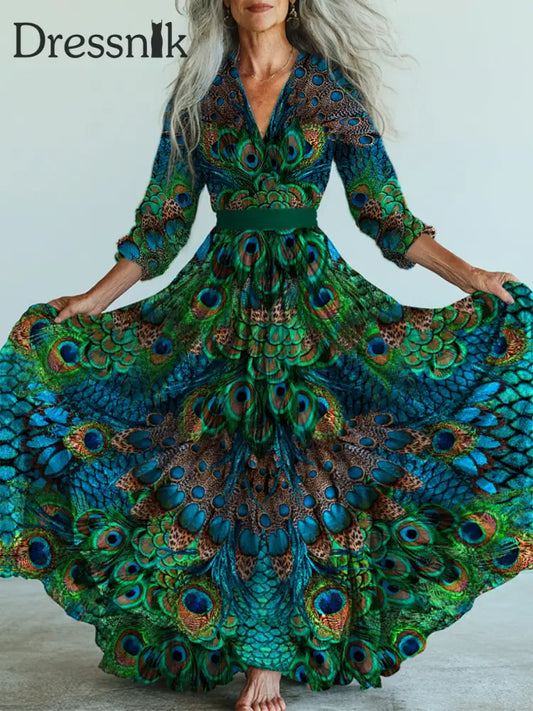 Retro-Blumen kunst bedrucktes Vintage-Midi kleid mit V-Ausschnitt und langen Ärmeln A / S