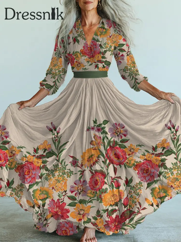 Retro-Blumen kunst bedrucktes Vintage-Midi kleid mit V-Ausschnitt und langen Ärmeln A / S