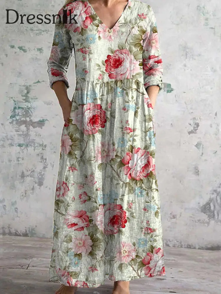 Retro-Blumen Kunst Druck Besseres Drei-Viertel-Ärmel-Kleid Mit V-Ausschnitt Elegantes Und