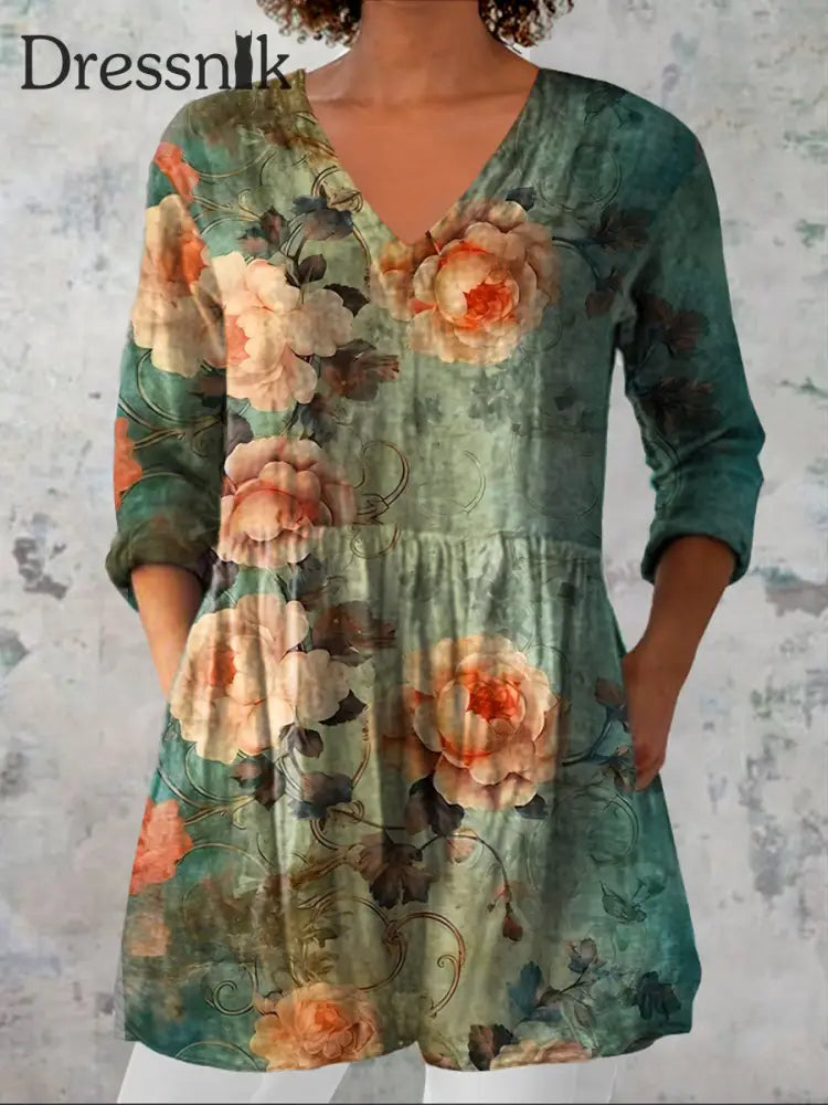 Retro böhmischer Blumen druck Vintage lässig Baumwolle V-Ausschnitt lang ärmel iges T-Shirt A / S