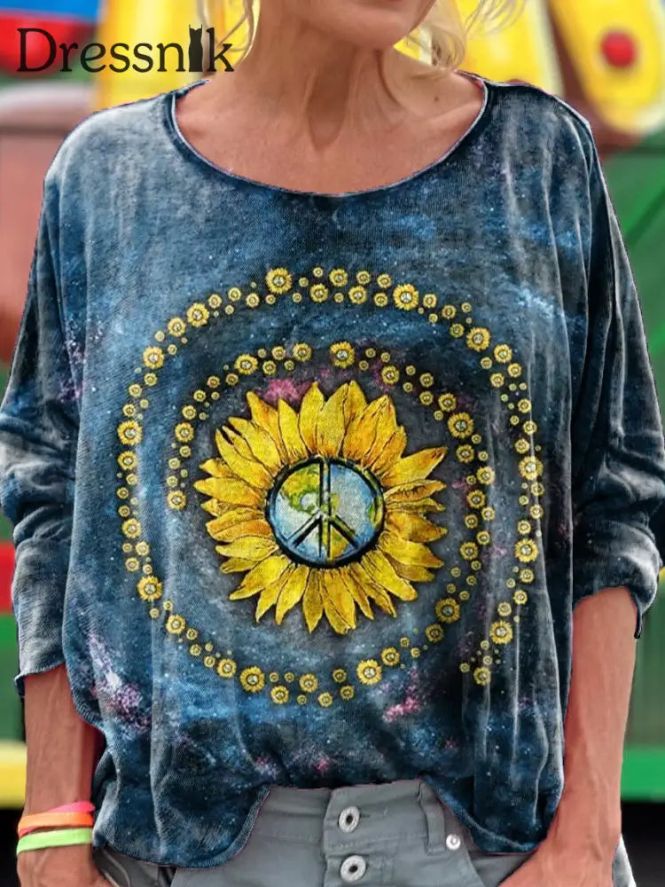 Retro Bohemian Hippie Blumen druck Vintage lässig Baumwolle V-Ausschnitt lang ärmel iges T-Shirt A / S