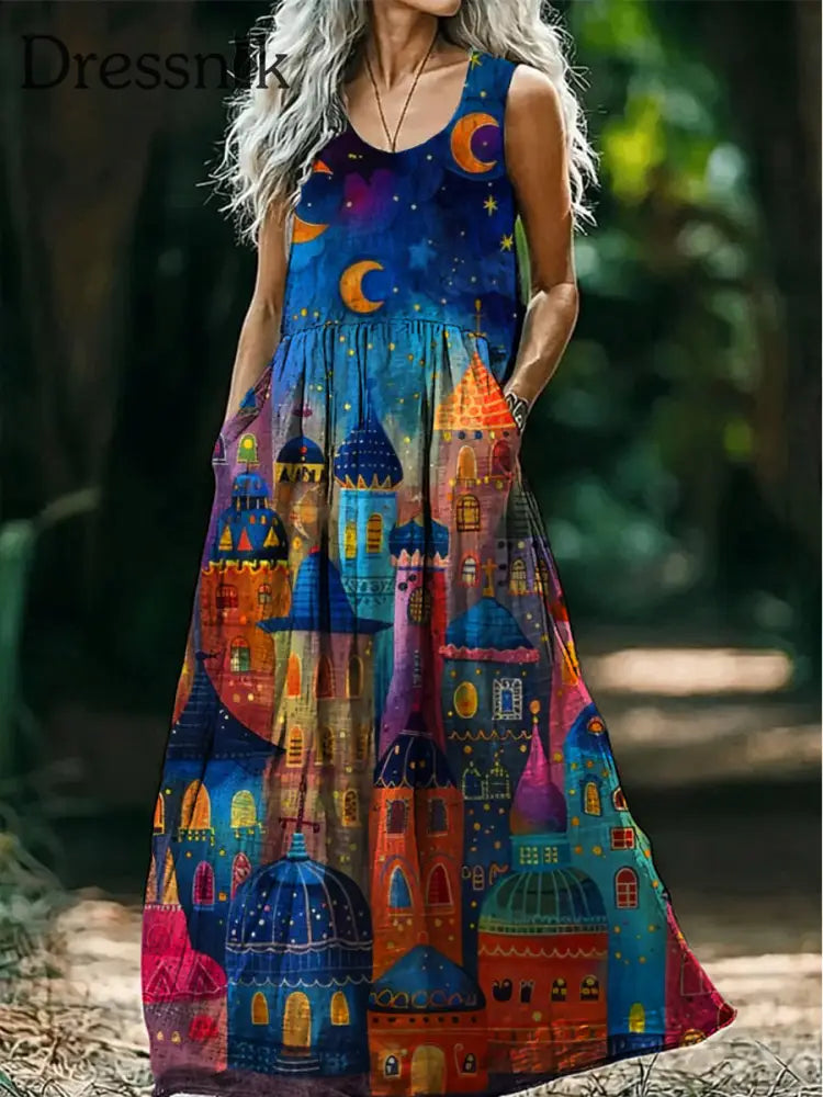 Retro Boho Abstrakter Kunstdruck Rundhals ärmelloses Baumwoll-Taschen kleid A / S