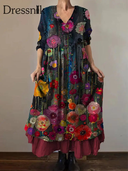 Retro Boho Blumen botanik Print Vintage V-Ausschnitt Doppel-Saum Baumwolle Langarm Midi-Kleid A / S